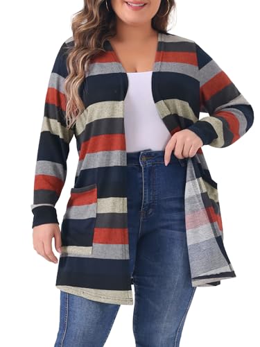 Image of Agnes Orinda Plus Size Cardigan for Women Open Front Long Sleeve Contrast Color Stripe with Pocket Cardigans