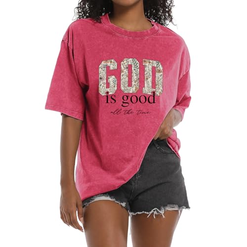 Image of Christian God is Good Shirts for Women Jesus Faith Religious T Shirts Floral Graphic Oversized Acid Washed Tee Tops