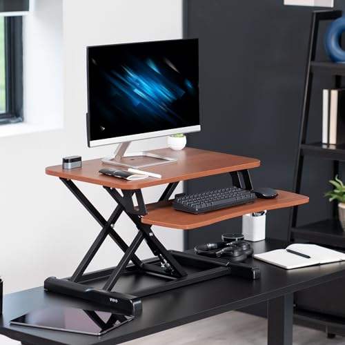 Image of VIVO 26 inch Desk Converter, K Series, Height Adjustable Sit to Stand Riser, Dual Monitor and Laptop Workstation with Keyboard Tray, Dark Walnut Top, Black Frame, DESK-V026KA