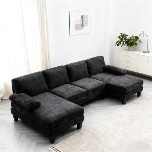 Image of Karl home Compact U-Shape Sectional Sofa Couch 111 inch 4-Seat Black | Modern, Chenille Fabric Upholstered, Double Chaise, Wood Grain Legs for Living Room, Home Office, Apartment, Studio