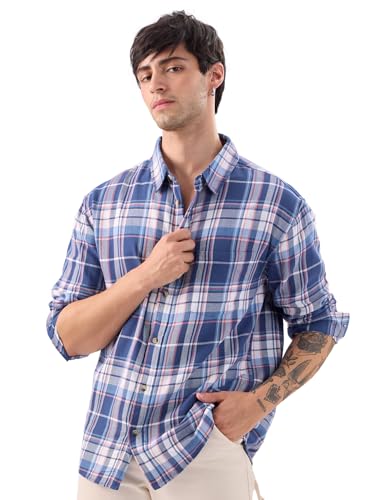 Image of The Souled Store Plaid: Blue, Pink, White Men and Boys Long Sleeve Collared Neck Button Front Relaxed Fit Cotton Shirts