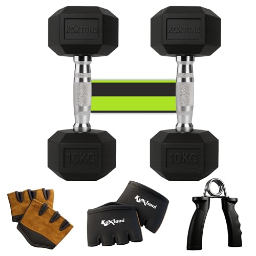 Koxtons Dumbbell Set 10kg (TPR) | Dumbbell with gym gloves and hand gripper, 20kg Pair (10kg x 2pcs) | Rubber Coated Hex Dumbells for Home Gym | Gym Equipment for Home Workout