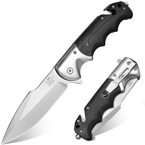 LOTHAR SMAUG Rettungsmesser, 9.8CM Klappmesser aus D2 Stahl mit Glasbrecher & Gurtschneider, G10 Griff Einhandmesser mit Clip, Robustes Outdoor Messer, Rescue Messer für Camping, Jagd, Notfälle