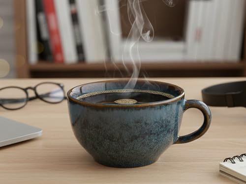 Image of Bodhi House Ceramic Soup and Coffee Wide Large Mug with Handle - Set of 2, 350 Ml Glossy Finish | Microwave Safe | for Maggi, Cappuccino, Latte, Green Tea - Reactive Blue