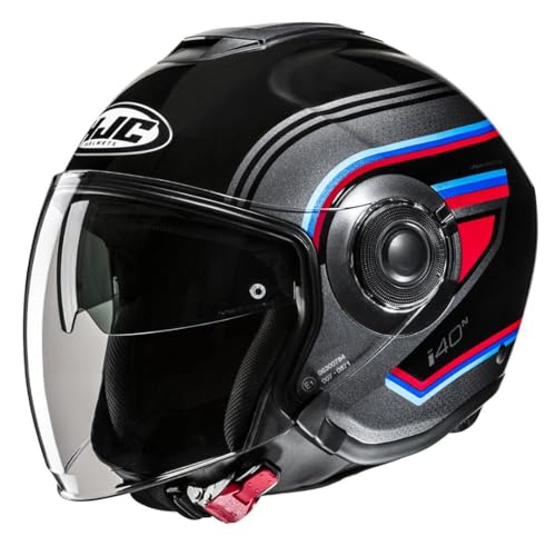 Casque moto jet HJC i40N Linia MC21 de couleur bleu et blanc pour scooter urbain