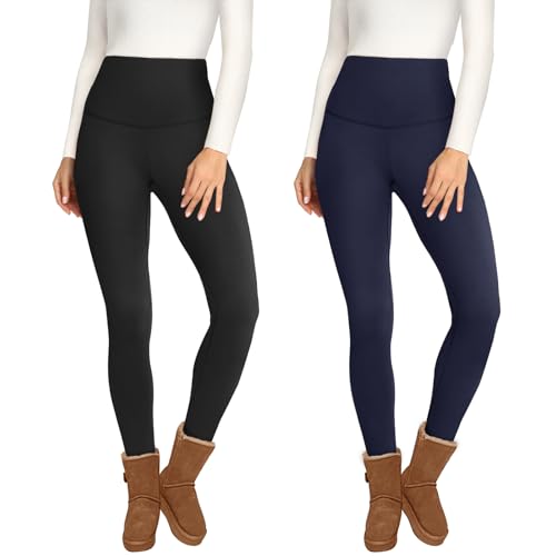 Image of Opuntia 2 Pack Fleece Lined High Waisted Leggings for Women - Slimming Soft Tummy Control Thermal Yoga Pants for Workout
