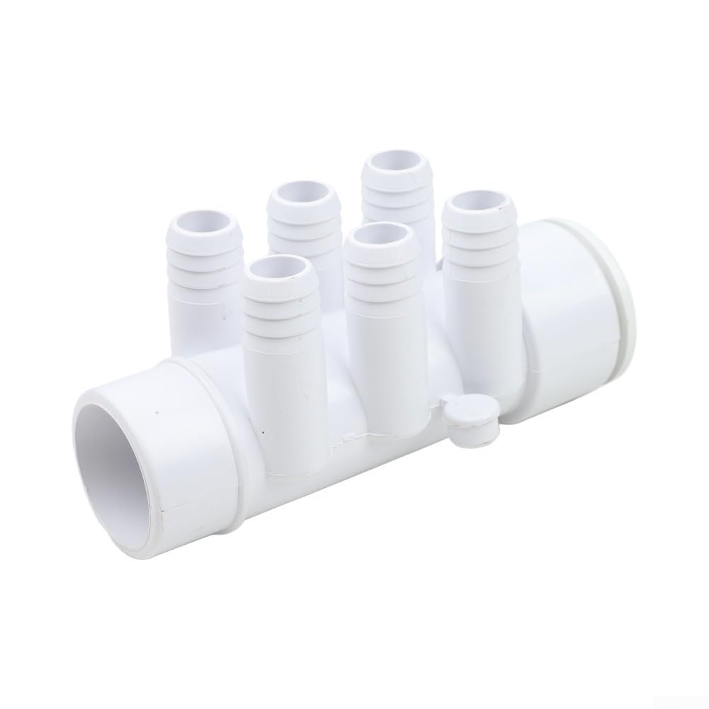 PVC Spa Water Manifold 1.5 Inch to 3/4 Inch, 6 Hole Design with 21.5mm Delivery Port for Bathtub Nozzle, Efficient Water Distributor, White