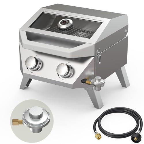 Image of BESTFIRE 2-in-1 Portable Propane Grill, 20,000 BTU 2-Burner Tabletop Gas Grill for Camping & RV, Stainless Steel BBQ with Viewing Glass Lid, Thermometer & Dual-Gas Connection