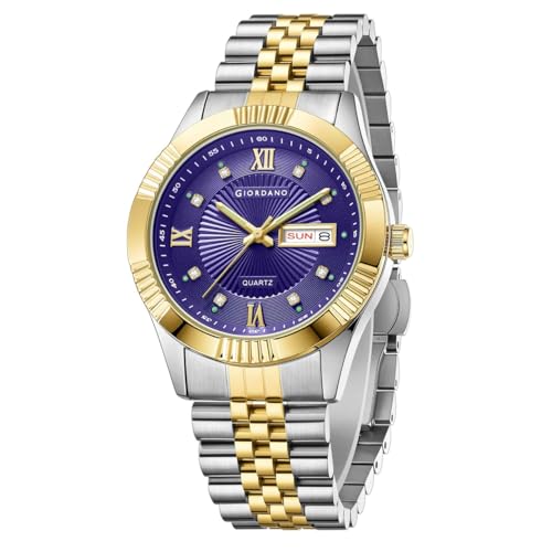 Image of Giordano Classic Analog Quartz Watch for Men with Textured Dial, Fluted Bezel, Day & Date Display & Two-Tone Stainless Steel Strap