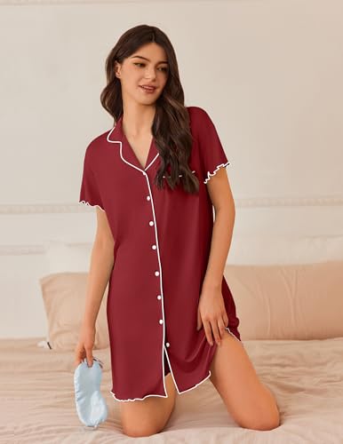 Image of Ekouaer Nightgowns for Women Button Down Sleep Shirt Short Sleeve NightShirts Boyfriend Sleepdress Soft Pajama Dress
