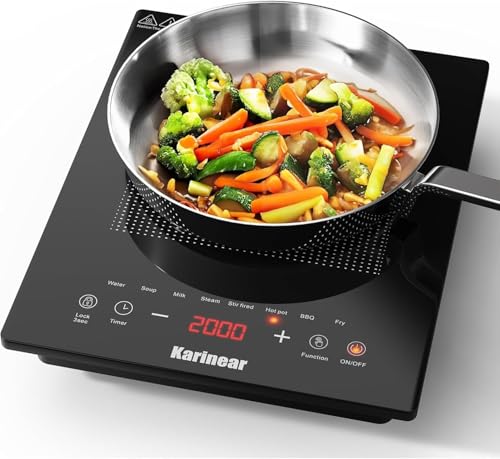 Karinear Plaque à induction 1 feu avec prise, 30 cm, induction portable, temporisé, verrouillage de sécurité, convient pour une utilisation en extérieur, 2000 W, 220-240 V