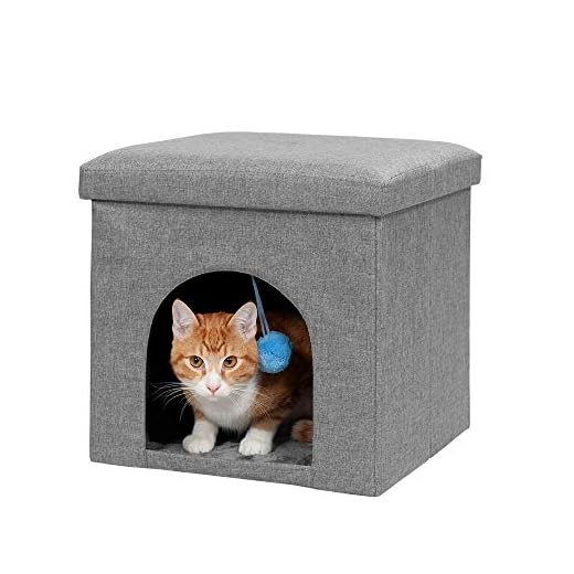 Furhaven Pet House for Indoor Cats & Small Dogs, Collapsible & Foldable w/ Plush Ball Toy - Living Room Footstool Cat Condo - Stormy Gray, Small
