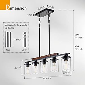 Farmhouse linear chandelier with clear glass shade 5 light matte black rustic wood ceiling pendant light fixture for dining room over table adjustable kitchen island lighting hanging  urban country home decor