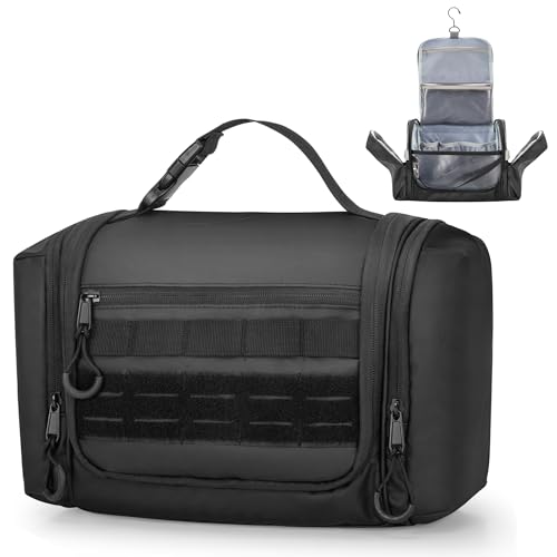 Hanging Toiletry Bag for Men, Tactical Dopp Kit Toiletry Travel Bag, Large Hygiene Organizer Shower Bag for Camping Outdoor, Black