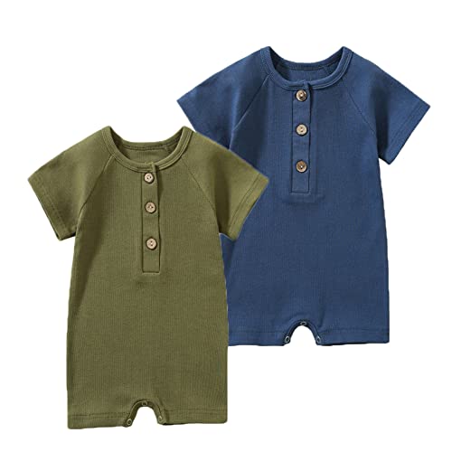 Image of Feidoog Baby Boys and Girls' 2 Pack Solid Summer Short Sleeve Romper One Piece Jumpsuits Outfits,Blue+Green,12-18Months