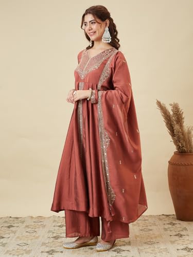 Image of MOKOSH Women's Silk Anarkali Kurta Pant with Dupatta | Anarkali Kurta Set | Embroidery | Indian Kurta Outfit With Pant | Ethnic Kurta | 3 Piece Outfit
