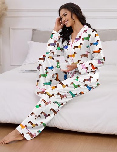 Image of SHESHOW Satin Pajamas Set for Women Set Long Sleeve Button Down Pjs Sets 2 Piece Loungewear Animal Sleepwear XS-XXL