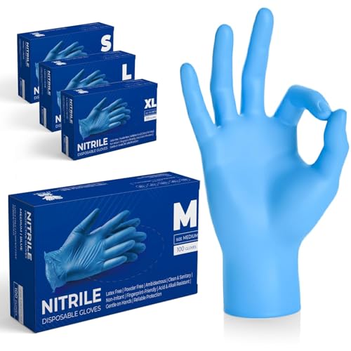 The Real Touch Blue Professional Nitrile Powder Free Multi-Purpose Gloves, Disposable, Extra Strong - Box of 100 (Blue, Medium)
