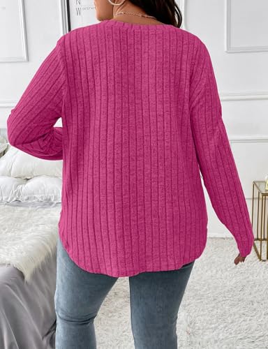 Image of Koscacy Women Plus Size Casual Knit Sweater V Neck Solid Color Tops Lightweight Long Sleeve Blouses