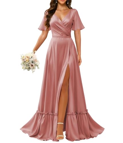 Vestido largo de satén plisado con cuello en V y manga flotante, para dama de honor, para mujer, Rosa polvoriento, 36