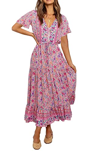 R.Vivimos Womens Summer Floral Print Cotton Short Sleeve Flowy Dress (Large, Pink)