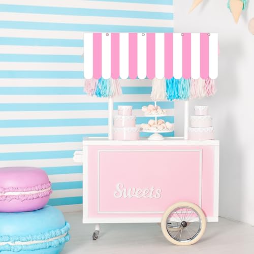 Image of Preboun 3 Pcs Carnival Awning Decorations Tent Circus Hanging Decorations Carnival Banner Concession Stand Sign Canopy Awning for Pirate Summer Party, 9.84''x78.74'' (Pink and White)