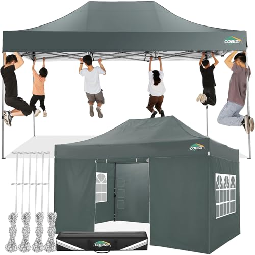 Image of COBIZI 10x15 Pop Up Canopy Tent with 4 Sidewalls,Heavy Duty Canopy,Gray