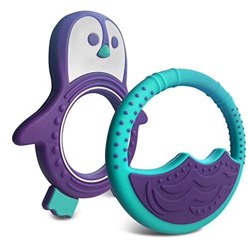 Baby Teething Toys for Newborn, Infants 0-6 Months Silicone Teethers for Babies 6-12 Months BPA Free (Penguin - Purple &amp; Turquoise)