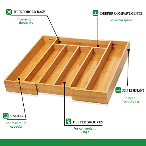 Kitchenaro Bamboo Expandable Kitchen Drawer Organizer – Kitchen Silverware Organizer Drawer Utensil Organizer Tray – 5 To 7 Compartments – Smooth Burr-Free Finish – Natural Wood Cutlery & Knife Holder #TOP4