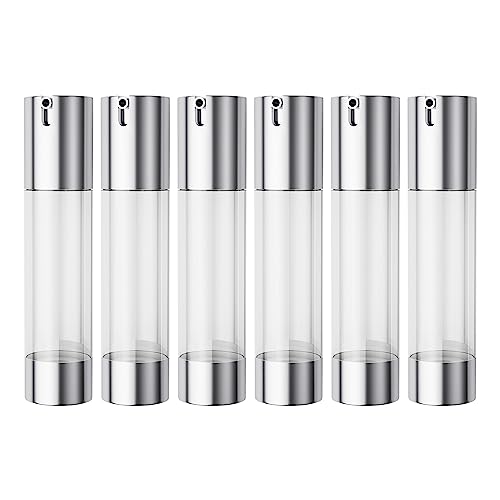 longway 1.7oz/50ml Airless Pump Bottles Silver Airless Cosmetic Cream Pump Bottle Travel Size Dispenser Refillable Containers（Pack of 6）