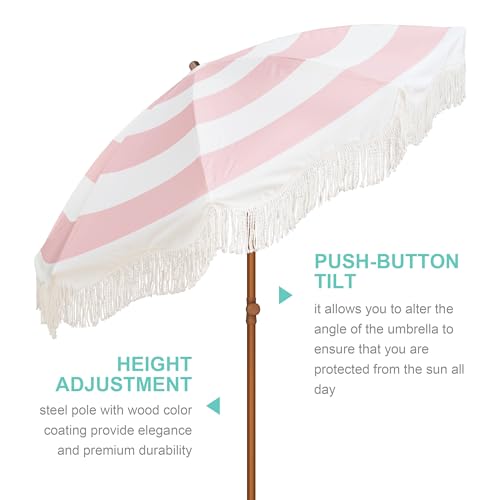 AMMSUN Boho Fringe Umbrella Outdoor Patio, 6.5ft UPF50+ Picnic Umbrella with Tassels with Steel Pole and Push Button Tilt, Pink Stripes by AMMSUN - Image 4