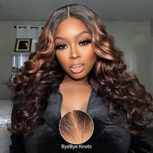 Image of Beauty Forever Bye Bye Knots Wig 7x5 Glueless Lace Black to Chestnut Brown Ombre Loose Wave Wig with Bleached Knots Put on and Go Pre Plucked Pre Cut HD Lace Wig for Women 150% Density 14 Inch