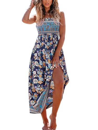 Image of CUPSHE Women Spaghetti Straps Boho Maxi Dress Summer Sleeveless Smocked Floral Beach Long Dress Flowy Cruise Vacation Outfits