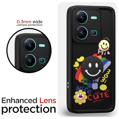 Image of Pikkme Back Cover for Vivo V25 5G | Soft Silicone| Cute Rainbow Smile & 3D Cartoon Flower Design | Shockproof Raised Camera Protection Bumper Case (Black)