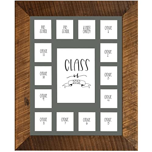 Image of Rustic Red Door Co. School Years Reclaimed Wood Picture Frame with Mat - 11x14 Wooden Framed 15 Photo Collage Mat Pre-School & Kindergarten to 12th Grade (Class of 2032, Grey)