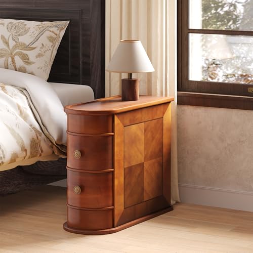 LITTLE TREE Wood End Table with 2 Drawers Sofa Side Table, No Assembly Required Vintage Slim Nightstand Bedside Table for Bedroom