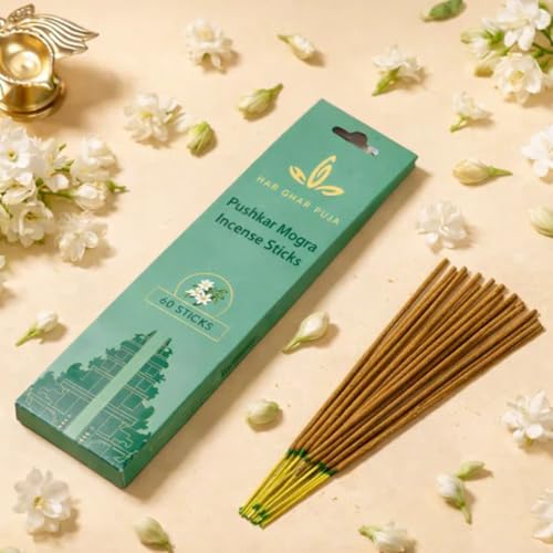 Image of Pushkar Mogra Agarbatti Sticks | Natural Long-Lasting Incense Sticks for Home Fragrance, Temple, Meditation, and Pooja Room. Perfect Fresh | 60 Fragrance Incense Sticks | Pack of 1