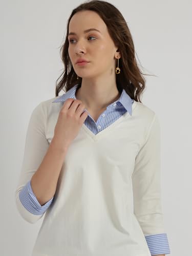 Image of FableStreet Women Shirt | Slim Fit V-Neck Layered Look with Striped Spread Collar & Three-Quarter Sleeves | Cotton Knit Jersey Fabric for Business Casual