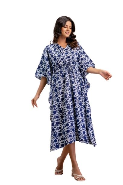Plus Size Floral Kaftan Dress, Blue and White Print, Cotton Midi Length, Batwing Sleeves-picture-38