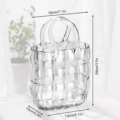 NiHome Glass Purse Vase Clear Glass Bag Vase with Handle Handbag Shape Vase for Flowers Farmhouse Decor Handmade Wide Mouth Glass Vase for Office Home Living Room Dining Table Decor