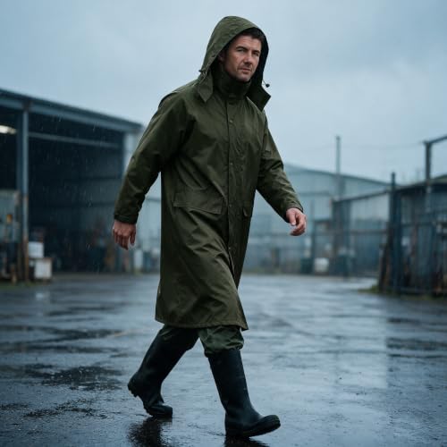 Image of Wantdo Long Rain Coats for Men Waterproof Rain Jacket with Hood | Mens Trench Rain Coat for Outdoor Work, Fishing, Hiking, Fully Taped Seams, Detachable Hood, Flap Pockets with Packable Bag