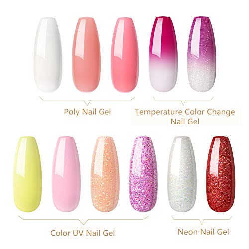 3 Colors Poly Nail Gel Kit with 36W LED Nail Lamp,6 Colors U V Gel Polish 2pcs Color Change Gel Polish, Top and Base Coat Nail Art Manicure Tools Set