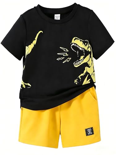 Image of Boys' 2 Piece Summer Outfit Cool Dinosaur & Camouflage Graphic Short Sleeve Tee & Shorts Set Size 4-12
