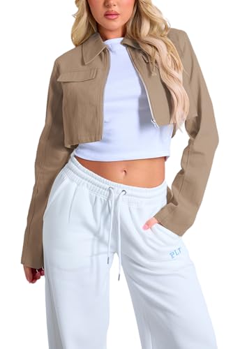 Women's Long Sleeve Lapel Collar Zip Up Cropped Casual Jacket with Decorative Front Chest Pockets