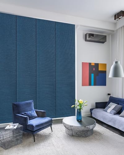 GoDear Design Adjustable Vertical Blinds for Sliding Glass Doors 45.8'- 86' W x 96' H, Extendable Sliding Panel Track Blinds for Windows, Blue Shimmering Trimmable Fabric Panels, Semi-Sheer, Sapphire