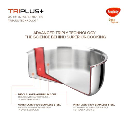 Image of Praylady TRIPLUS+ Triply Stainless Steel Stock Pot 22 cm | 4.2 L | Biryani | Handi | Casserole | Patila | Soup | Curry | Induction & Gas Compatible | with Lid