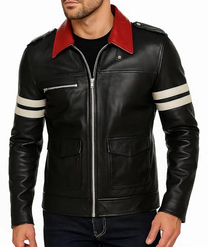 Men's Black Leather Jacket - Dragon Embroidered Type Video Game Jacket Red Shirt Collar Men2
