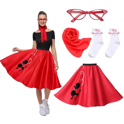 Leadtex Women Sock Hop Costume 1950s Poodle Skirt with Scarf,Glasses,Socks,Adult 4 Piece 50s Costume Set(Red,XXL)