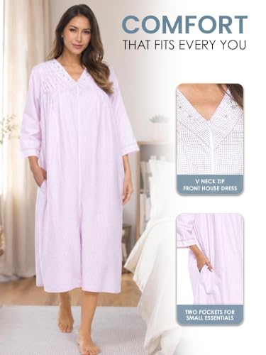 Image of Casual Nights Women's Zip Front Woven House Dress | 3 /4 Sleeves Housecoat Long Duster Lounger