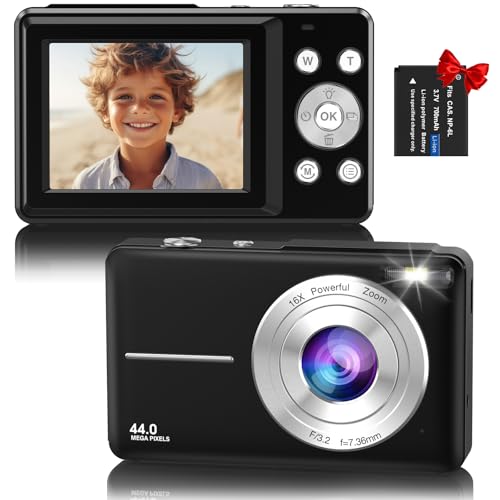 Digital Camera, 1080P FHD 44MP Compact Digital Camera, Vlogging Camera with 2.4 LCD Screen, 16X Digital Zoom, Anti-Shake, Rechargeable, Portable Photo Camera for Kids, Teens, Beginners